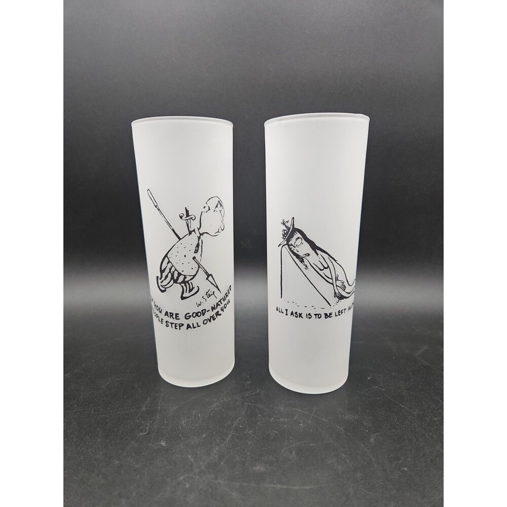 Rare Vintage MCM WILLIAM W. STEIG Frosted Highball Bar Glasses Set of 2 Comic